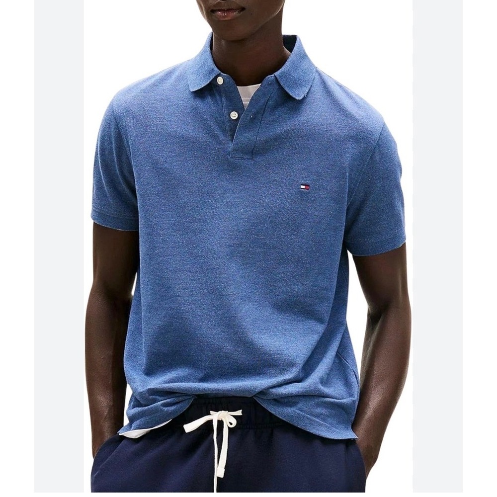 VTG‎ Tommy Hilfiger Short Sleeve Pique Polo Shirt Men L Heather Blue Flag Logo